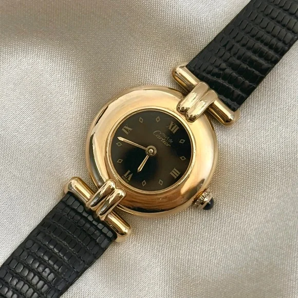 AUTHENTIC VINTAGE CARTIER BLACK LEATHER WATCH - WITH BOX - Picture 5 of 7
